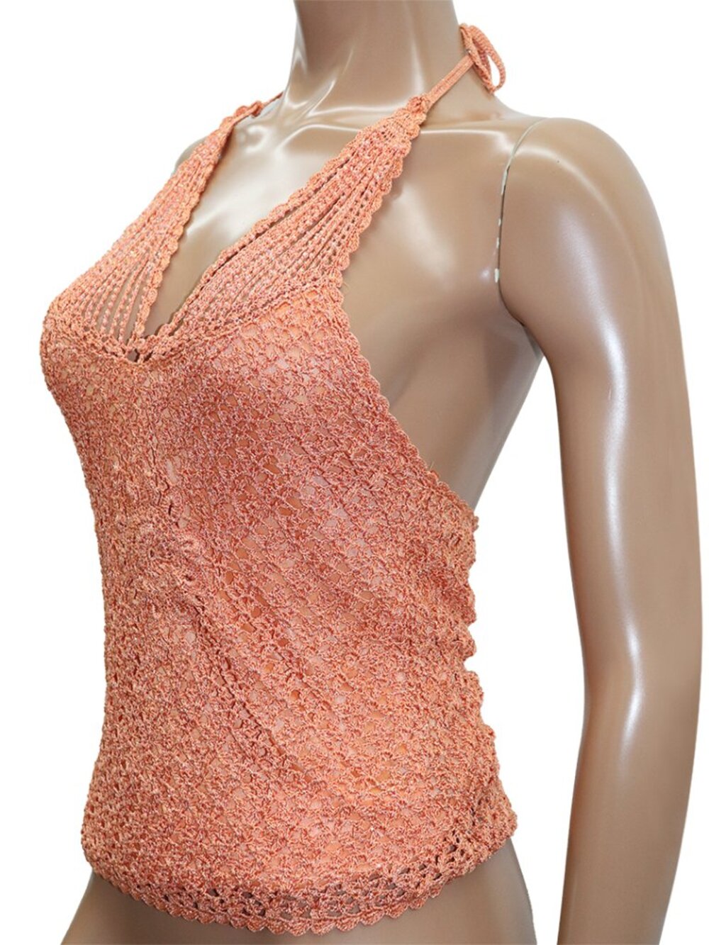 Y2K Peach Glass Beaded Crochet Halter Top M - Picture 3 of 6